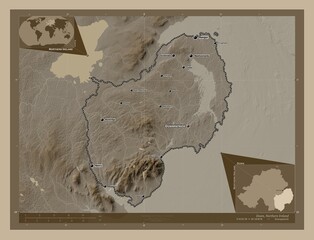 Down, Northern Ireland. Sepia. Labelled points of cities