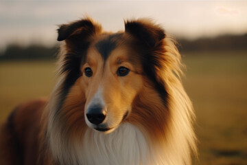 dog of the breed Rough collie looking at the camera.