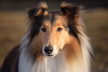 dog of the breed Rough collie looking at the camera.