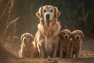 mother female golden retriever dog with her puppies looking at the camera.