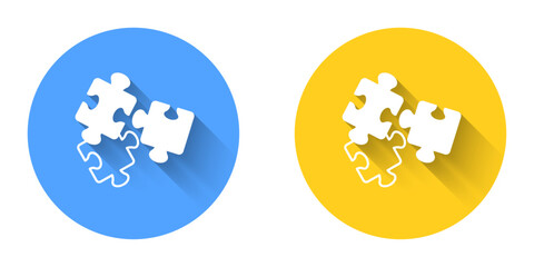 White Puzzle pieces toy icon isolated with long shadow background. Circle button. Vector