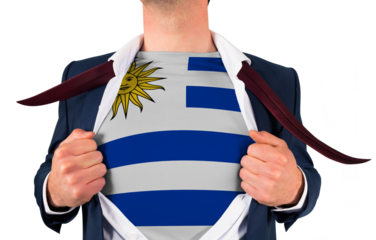 Businessman opening shirt to reveal uruguay flag