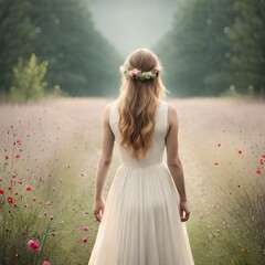 Fototapeta na wymiar Frau mit weißen Kleid in der Natur, Generative KI