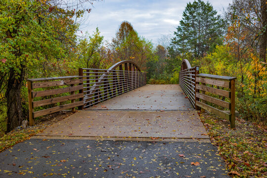 Footbridge through autumn coloured forest; Antioch, Tennessee, United States of America