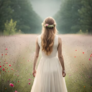 Frau mit weißen Kleid in der Natur, Generative KI