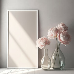 Bright interior. Two glass vases with peny flowers and blank mockup white picture frame. Light from window. AI generative