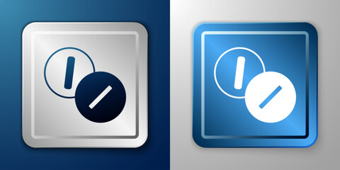 White Toothache painkiller tablet icon isolated on blue and grey background. Tooth care medicine. Capsule pill and drug. Pharmacy design. Silver and blue square button. Vector