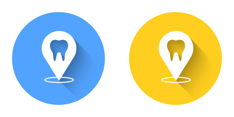 White Dental clinic location icon isolated with long shadow background. Circle button. Vector