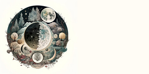 Phases of the moon, nature rhythms, circles, crescents, mystic, astrology, zodiac, illustration. Generative AI.