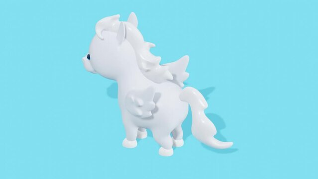Cute white Pegasus with wings on a blue background. Minimal modern seamless motion design. Abstract loop animation