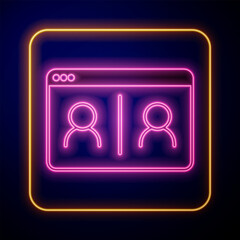 Glowing neon Video chat conference icon isolated on black background. Online meeting work form home. Remote project management. Vector