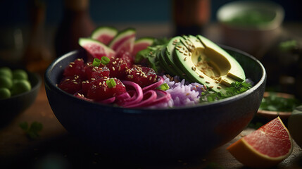 Fototapeta na wymiar Raw Organic Ahi Tuna Poke Bowl with Rice and Veggies close-up on the table. generative ai