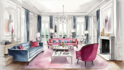 Bright and cozy drawing interior. Living room design created with generative ai tools