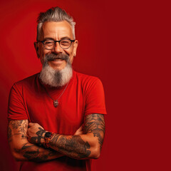 Smiling bearded tattooed mature man in red t-shirt with crossed arms stands against the red background. Generative AI