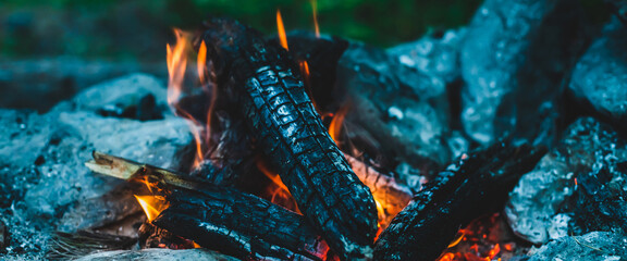 Vivid smoldered firewoods burned in fire close-up. Atmospheric warm background with orange flame of...
