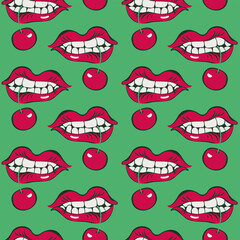 vector seamless pattern with female mouth and cherry in teeth. Out on the theme of passion and love. Suitable for packaging, paper, fabric