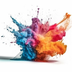 Colorful powder explosion on white background. Colored cloud. Colorful dust explode. Generative AI.
