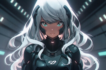 Cyborg anime girl with spacesuit, manga future illustration, Generative AI