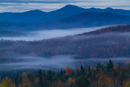 Ground fog hangs above the valleys in the High Peaks region in Adirondack State Park, New York, USA; New York, United States of America