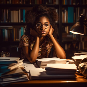 Portrait of Overworked Tired Black Woman at Desk in Office with Stack of Documents
