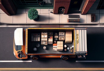 Top view of delivery truck with containers and boxes, location pin. Mockup. Generative AI