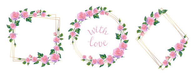 Set of Save the Date wedding invitation frame of pink roses flowers with golden geometric frames.