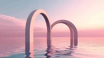 Keuken foto achterwand Lichtroze Surreal 3D oval portal reflected in water in a futuristic twilight pink fantasy landscape. Generative AI
