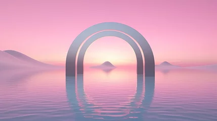 Fototapeten Surreal 3D oval portal reflected in water in a futuristic twilight pink fantasy landscape. Generative AI © Farnaces