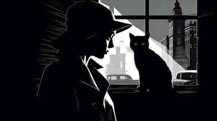silhouette of a woman and cat, film noir - by generative ai
