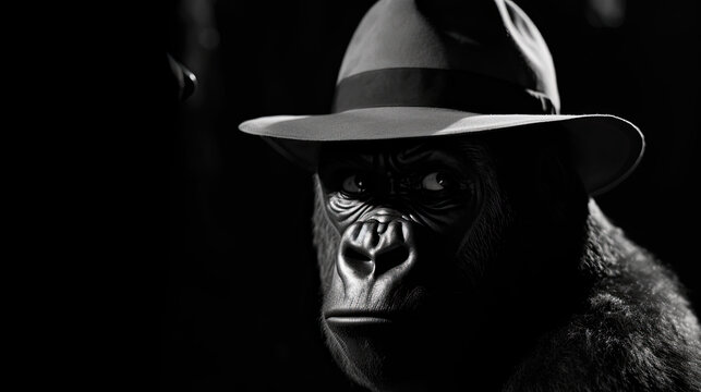 Gorilla with hat, black and white - by generative ai