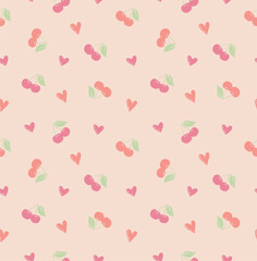 Hand drawn cherries and hearts seamless pattern, Vector illustration with berries.