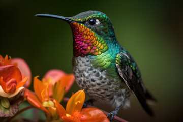 Fototapeta premium Colorful fiery-throated hummingbird perched on a tree branch in the rainforest, surrounded by tropical flora and fauna. AI Generative