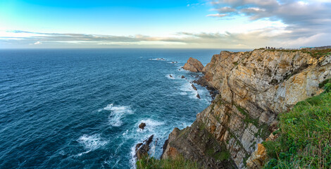 Panoramic view of the cliffs that enter the Cantabrian Sea on the coast of Asturias in northern Spain.