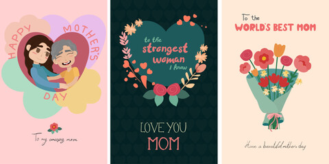Happy mothers day cards set. Vector illustration of daughter hugging mom, heart shapes and flowers gifts with lovely messages, perfect for a greeting card, poster or banner