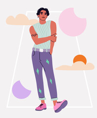 Handsome man full-height portrait in fashionable clothes, retro-futuristic background. A concept of positive masculinity.