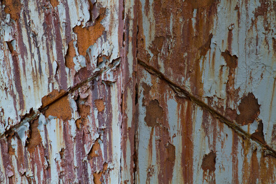 Close-up detail of rusty metal on an abandoned ship at Stromness whaling station; South Georgia Island