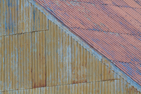 Rusty corrugated metal building at the abandoned Stromness whaling station; South Georgia Island