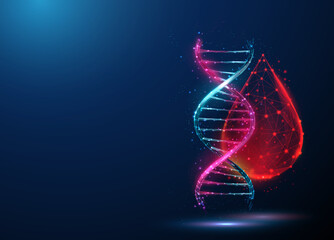 Abstract blue and purple 3d DNA molecule helix and drop of blood