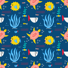 Seamless pattern with cute funny turtle, seaweed  and fishes on a blue background. Vector graphic perfect for wallpaper, wrapping paper, for designing prints on textiles, clothes, pillows.
