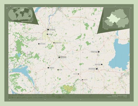 Tyrone, Northern Ireland. OSM. Labelled points of cities