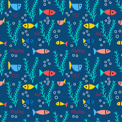 Naklejka na ściany i meble Seamless pattern with cute funny fishes and seaweed on a blue background. Vector graphic perfect for wallpaper, wrapping paper, for designing prints on textiles, clothes, pillows.