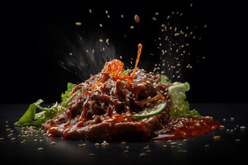 A black background with a pile of meat with smoke and steam.