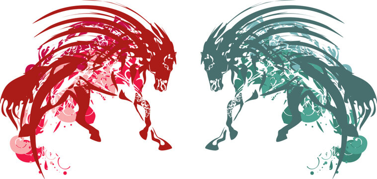 Red and green running horse splashes isolated on white for emblems or prints. Ornamental horse symbols for tattoos, business concepts, wallpaper, logos, fabrics, fashion, stikers, textiles, etc. 