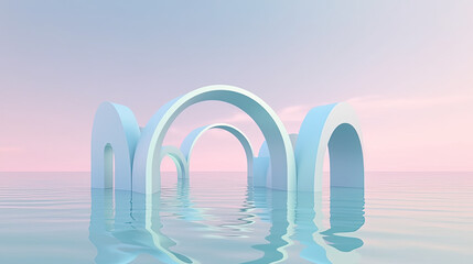 Fototapeta na wymiar Surreal 3D oval portal reflected in water in a futuristic twilight pink fantasy landscape. Generative AI