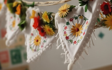 Traditional Festa Junina handkerchiefs adorned with fresh flowers and intricate embroidery, epitomizing the cultural craftsmanship of the celebration.