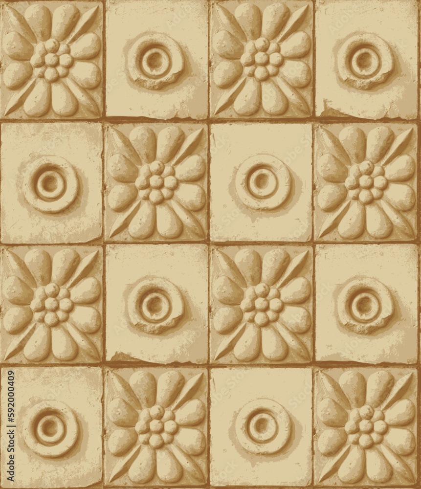 Poster vector seamless pattern with elements of old architecture, tiles, rosettes with geometric ornament. 