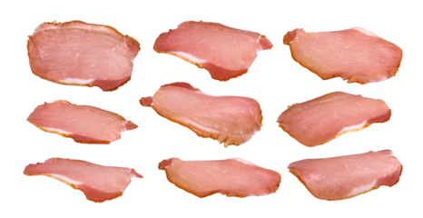 Sliced bacon isolated on transparent background. Meat set. 