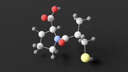 captopril molecule, molecular structure, Angiotensin-Converting Enzyme Inhibitors, ball and stick 3d model, structural chemical formula with colored atoms