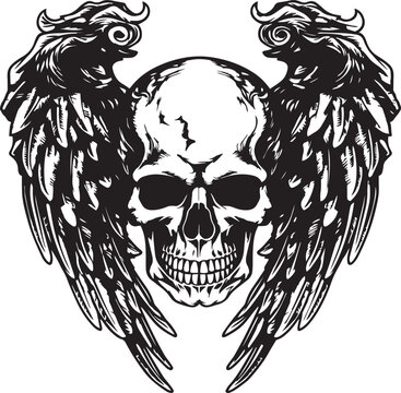Skull with wings black vector illustration on a white background, SVG