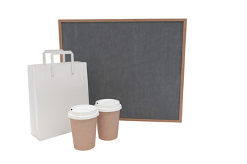 Composite image of parcel bag and disposable cups with blackboard